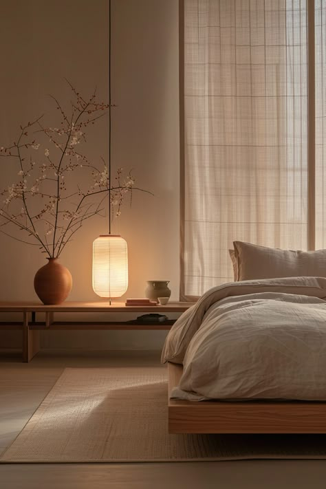 Japandi Bedroom Ideas: Crafting a Peaceful Retreat - Quiet Minimal Soft Minimalist Bedroom, Soft Minimal Bedroom, Japandi Bedroom Lighting, Bedroom Ideas Japandi, Minimal Interiors, Soft Minimalism Interior, Home Interior Design Minimalist, Bedroom Bed Ideas, Minimalistic Bedroom Ideas