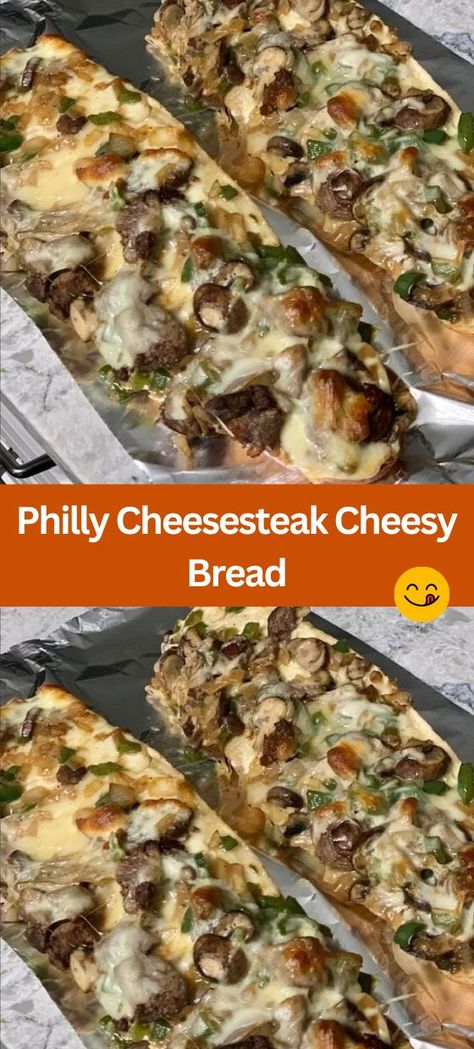 Philly Cheesesteak Cheesy Bread - Craving a satisfying meal? Try our quick and delicious Philly Cheesesteak Cheesy Bread recipe! Made with thinly sliced steak, melted cheese, and savory veggies, this dish is perfect for busy weeknights or casual gatherings. With simple ingredients and easy-to-follow steps, you'll have a mouthwatering meal on the table in no time. Perfect for cheese lovers and steak enthusiasts alike! Philly Cheese Steak French Loaf, Philly Cheesesteak French Bread, Philly Cheese Steak Cheesy Bread, Philly Cheesesteak Cheesy Bread, Philly Cheese Steak Pizza, Cheesy Bread Recipe, Philly Cheese Steak Sandwich, Philly Cheese Steak Recipe, Steak Pizza