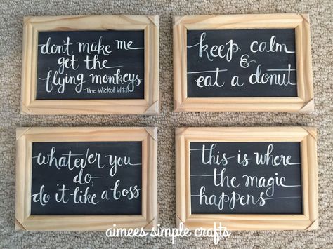 4x6 hand painted framed mini chalkboards with office quotes. Aimee's Simple Crafts: Small Sayings Mini Chalkboard Signs Ideas, Small Chalkboard Ideas, Mini Chalkboard Ideas, Small Sayings, Small Chalkboard Signs, Lettering Projects, Cricut Signs, Chalkboard Easel, Small Chalkboard