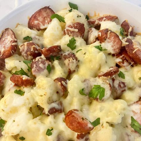 Sausage Cauliflower Casserole, Frozen Cauliflower Recipes, Sausage And Cauliflower, Cauliflower Sausage, Eckrich Sausage, Sausage Cauliflower, Casserole With Cheese, Farmer Sausage, Cauliflower Rice Casserole