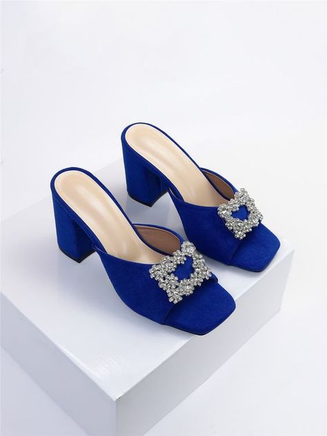 Blue Glamorous Collar Plain Mules Embellished Women Shoes Summer Sandals Heels, Pretty Sandals, Heeled Mule, Classy Shoes, Womens Chunky Heels, Suede Mules, Rhinestone Decor, Summer Blue, Color Rojo