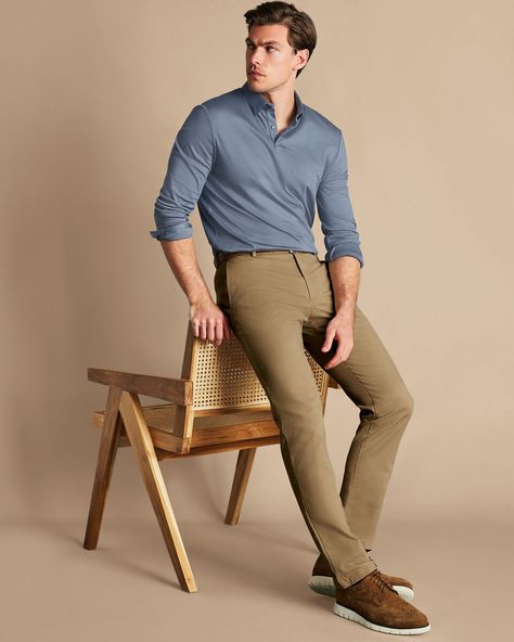 Ultimate Non-Iron Chinos - Tan | Charles Tyrwhitt Chinos And Shirt Men, Male Chinos Outfit, Light Spring Men Outfit, Mens Business Casual Outfits Summer Work Attire, Mens Work Outfits Office Wear, Business Casual Men Work Offices, Khaki Chinos Men Outfits, Office Attire Men, Khaki Pants Outfit Men