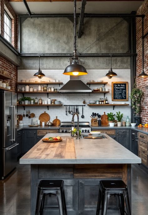 Rustic Kitchen Scandi Industrial Kitchen, Industrial Kitchen Inspiration, Industrial Country Kitchen, Coastal Industrial Kitchen, Industrial Rustic Interior Design, Industrial Shelving Kitchen, Industrial Interior Design Kitchen, Rustic Kitchen Aesthetic, Rustic Industrial Kitchen Design