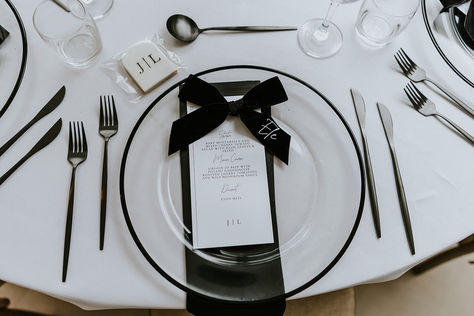 Clear black edged charger plate with monchrome wedding menu and personalised black bow place name with black and white initial wedding biscuit edible favour | wedding favours | wedding place setting | wedding place name | monochrome wedding theme | Lee Daniels Photography Clear Charger Plates Wedding, Place Setting Wedding, Wedding Biscuit, Charger Plates Wedding, Monochrome Wedding, Monochrome Weddings, Black And White Wedding Theme, Lee Daniels, Favours Wedding