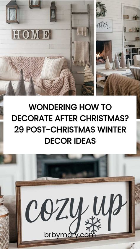 Wondering How To Decorate After Christmas? Here are 29 Post-Christmas Winter Decor Ideas. Once the excitement of Christmas has passed and all the presents have been opened (sad), it can be a bit tricky to figure out how to keep your home feeling cozy and festive without the christmassy feel. Winter Home Decor Signs, Winter But Not Christmas Decor, Winter Decorations For Home After Christmas, Non Christmas Winter Decor Home, Transition Christmas To Winter Decor, Winter Themed Home Decor, Winter Shelves Decor, Winter Decor Post Christmas, Winter Decor After Christmas House