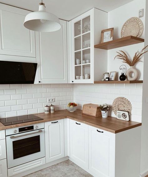 Modern Boho Small Kitchen, Small Kitchen Remodel 2023, Kitchen Inspo Aesthetic Modern, Tony Kitchen Remodel, Small Kitchen Remodel Boho, Modern Boho Kitchen Cabinets, Small Livingroomideas House, White Kitchen Cabinets With Wood Counter, Small Kitchen Inspo Aesthetic