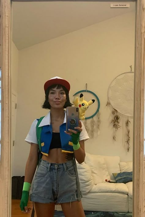 Halloween Costumes Jhene Aiko, Jhene Aiko Ash Costume, Jhene Aiko Pokemon, Last Minute Anime Costumes, Female Ash Ketchum Costume, Pokémon Ash Costume, Ask Ketchum Costume, Ash Pikachu Costume, Jhene Aiko Halloween Costume