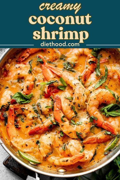 This creamy Thai-inspired Coconut Shrimp is easy and delicious recipe featuring juicy shrimp, coconut milk, basil, ginger, and garlic. Made in only one pan and ready in 20 minutes! Shrimp Coconut Recipes, Prawns In Coconut Milk Recipe, Seafood Meals Healthy, Chilean Shrimp Recipes, Coconut Shrimp Meal Ideas, Coconut Prawns Recipe, Hearty Shrimp Recipes, Shrimp Pasta With Coconut Milk, Coconut Milk Shrimp Pasta