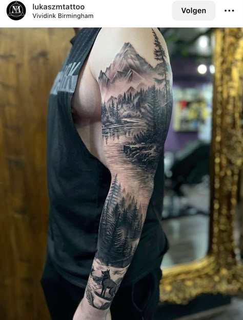 Outdoor Mountain Tattoo, Hiking Sleeve Tattoo, Tatoos Forest Arm, Arm Forest Tattoo, Outdoors Tattoo For Men, Wildlife Tattoos For Men, Nature Forearm Tattoo, Forest Sleeve Tattoo, Mountain Sleeve Tattoo