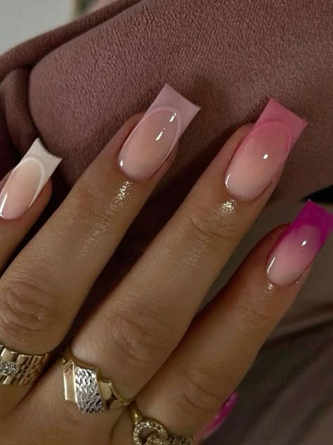 Simple Nail Sets, French Ombre Pink, Pink Purple Gradient, Unghie Sfumate, French Ombre, Ombre Pink, Purple Gradient, French Tip Acrylic Nails, Work Nails