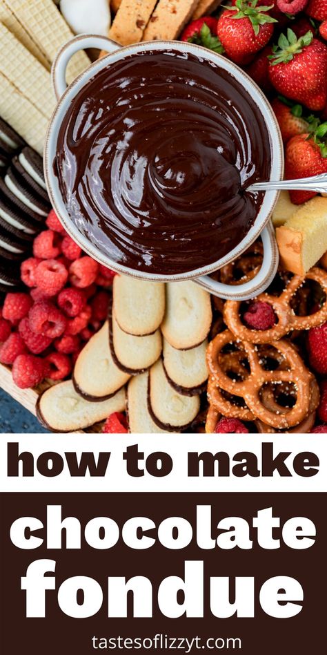 How To Make Chocolate Fondue, Chocolate Fondue Recipe For Fondue Pot, Choc Fondue Recipe, Chocolate Fondue Charcuterie Board, Chocolate Fondue In Crockpot, Choc Fondue, Chocolate Fondue Ideas, Easy Chocolate Fondue Recipe Crockpot, Chocolate Fondue Board