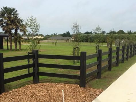 Black Rail Fence, Black Ranch Fence, Black Farm Fencing, Black Post And Rail Fence, Post And Rail Fence Landscaping, Black Farm Fence, Post And Rail Fence Ideas, Black Wooden Fence, Rural Fencing