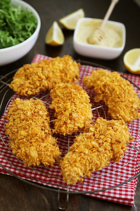 Crispy Honey-Dijon Baked Chicken Tenders – The Comfort of Cooking Corn Flakes Chicken Tenders, Honey Mustard Chicken Tenders, Cornflake Chicken Tenders, Unexpected Recipes, Crispy Mustard Chicken With Bread Crumbs, Honey Mustard Dipping Sauce Recipe, Homemade Toddler Snacks, Chicken Tenders Corn Flakes, Cooking Journal