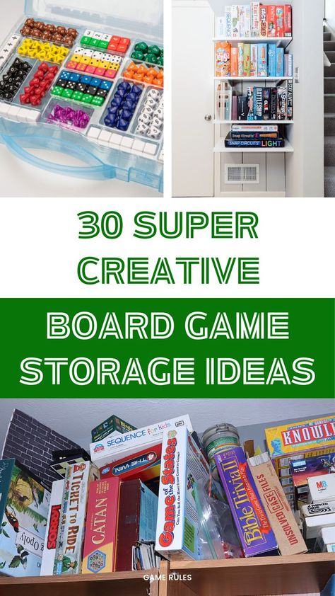 Getting sick of your messy board game shelf or closet? Check out these awesome board game storage ideas that will completely change the look of your home!!! Board Game Storage Kids Room, Basement Board Game Storage, Storage Board Games, Games And Puzzle Storage, Displaying Board Games, Game Closet Ideas, Organizing Board Games Ideas, Ways To Organize Board Games, Game And Puzzle Storage