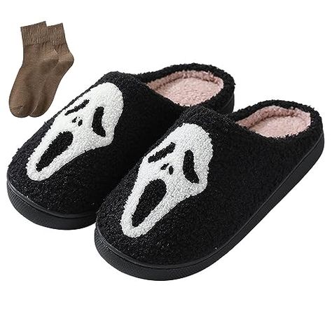 BOOUKILE Happy Face Slippers for Women Men,Retro Soft Cozy Comfy Plush Lightweight House Slippers Slip-on Indoor Outdoor Slippers,Slip on Anti-Skid Sole Pumpkin Slippers, Halloween Slippers, Indoor Outdoor Slippers, Cute Slippers, Red Skull, Outdoor Slippers, Winter Slippers, Fuzzy Slippers, Warm Slippers