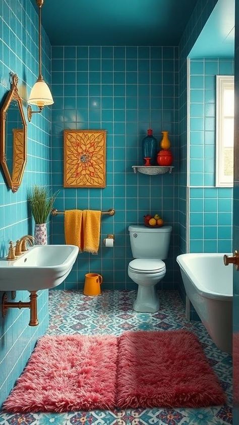 5 Must-Have Bathroom Elements for a Retro 70s Makeover Retro Teal Bathroom, 70s Inspired Bathroom, 70’s Bathroom, Eclectic Bathroom Ideas, Retro Bathroom Ideas, 80s Bathroom, Bathroom Elements, 70s Bathroom, Town Apartment