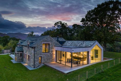 New Stone House, Old Barn House, Rustic Country Homes, Cottage Extension, Glazing Ideas, Valley Cottage, Lake District National Park, Glass Extension, Contemporary Building