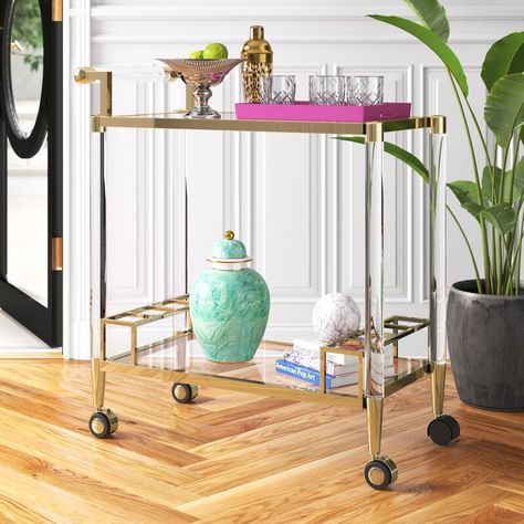 Etta Avenue™ Callie Bar Cart | Wayfair Bar Cart Inspo, Wine Bar Cart, Acrylic Bar Cart, Glass Shelf Supports, Drink Tray, Wine Bottle Storage, Glass Bar Cart, Drinks Tray, Luxe Style