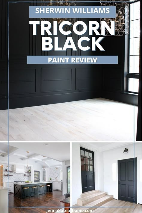 Are you looking for the perfect shade of black paint for an accent wall, kitchen island or even just your front door? Whether you want to go bold with all over color or just as a touch of contrast, Sherwin Williams Tricorn Black is one of the best shades of black paint. Read this full paint review to see if it's the right color for your home! Sherwin Williams Black Door Paint, Best Black Paint For Accent Wall, Black Paint For Kitchen Island, Black Kitchen Island Paint Colors, Sherwin Williams Black Cabinets, Sherwin Williams Black Cabinet Color, Sherwin Williams Tricorn Black Door, Black Door Colors Sherwin Williams, Sherwin Williams Tricorn Black Exterior