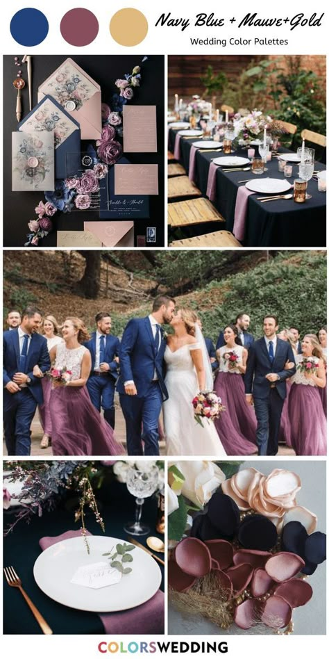 Navy Mauve Gold Wedding, Navy Blue Mauve And Gold Wedding, Navy Blue Purple And Gold Wedding, Navy Tux Wedding Color Combos, Navy And Mauve Wedding, Blue And Mauve Wedding, Navy Tablescape, Mauve And Navy Wedding, Mauve Wedding Invitations