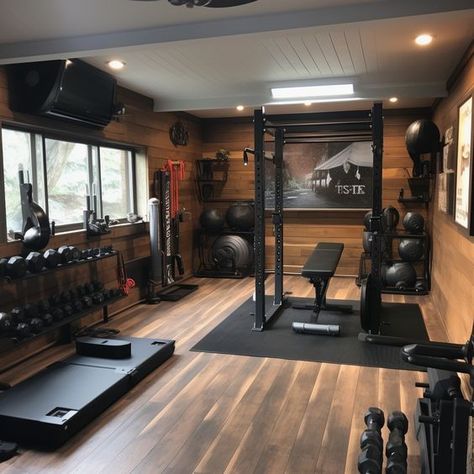 Home Gym Wood Floor, Indoor Gym Ideas, Home Gym Floor Plan, In House Gym, Gym In Garage, House Gym Room, Gym In House, Exercise Room Ideas Home, Fitness Room Design