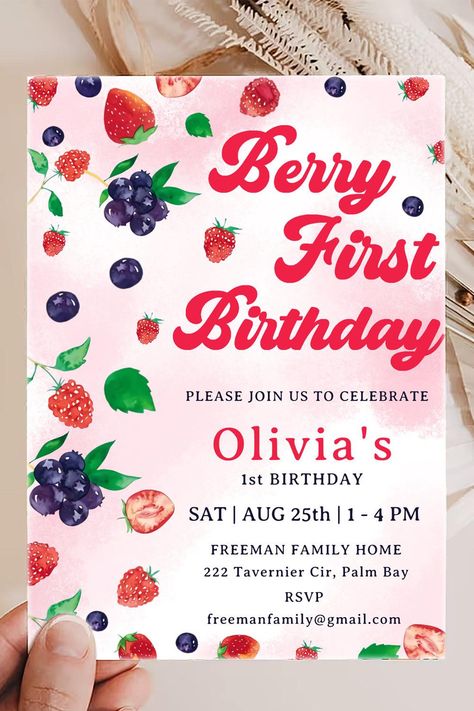 Berry First Cute Strawberry 1st Birthday Invitation 1st Birthday Themes Girl, Strawberry 1st Birthday, Birthday Summer, 1st Birthday Themes, Girl Birthday Themes, 1st Birthday Invitation, First Birthday Themes, Birthday Themes, Cute Strawberry