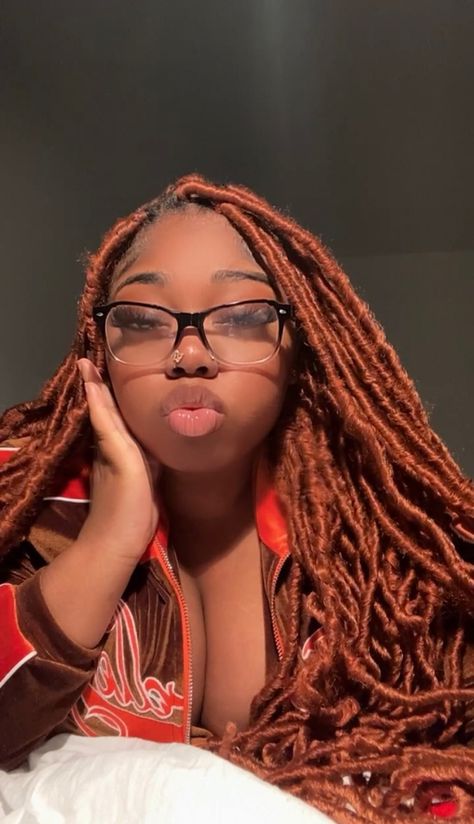 #hair #blackgirl #blackgirlshairstyles #softlocs #aesthetic #girlswithglasses Black And Ginger Soft Locs, Goddess Faux Locs Ginger, Fairy Locs Hairstyle, Faux Locs Color Ideas Black Women, Soft Locs Aesthetic, Ginger Soft Locs Black Women, Faux Locs Color Ideas, Ginger Soft Locs, Soft Locs With Color