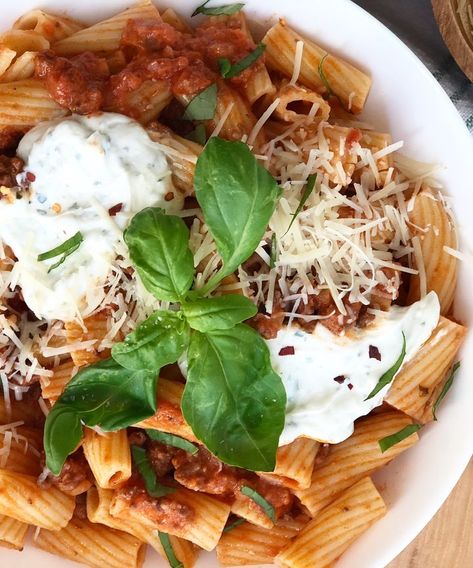 Bolognese With Ricotta, Rigatoni And Ricotta Recipes, Rigatoni With White Bolognese, Ricotta Rigatoni Pasta Bake, Baked Rigatoni With Ricotta Cheese, Spicy Rigatoni Pasta Bucca, Rigatoni Bolognese, Sausage Parmesan, Whipped Ricotta