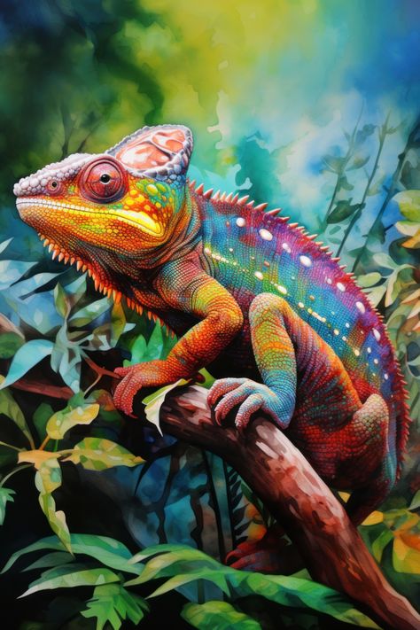 Colourful Chameleon Canvas Print Immerse yourself in the jungle's kaleidoscope of colours with our watercolour style canvas print. This captivating artwork showcases a brilliantly hued chameleon, blending harmoniously with the lush greenery of the jungle. The chameleon's mesmerising colours and the vibrant jungle backdrop create a scene of nature's own artwork, inviting you to revel in the jungle's vibrant beauty. Jungle Animals Painting, Colourful Animal Paintings, Jungle Backdrop, Jungle Tattoo, Paradise Painting, Colorful Animal Paintings, Jungle Painting, Chameleon Art, Cute Reptiles