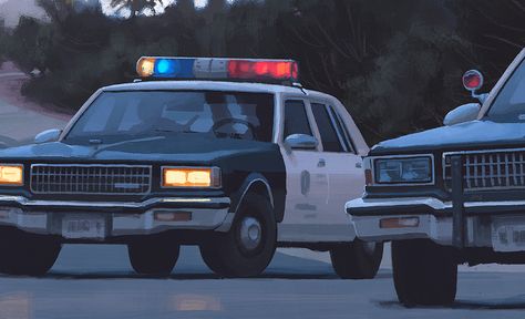 Pixel Artstyle, Police Car Drawing, Simon Stalenhag, Car Drawing, Color Script, Drawing Studies, Police Car, Landscape Drawings, Fnaf Art