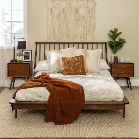 Walker Edison Furniture Co. Queen Walnut Spindle Bed Bqspinwt | Bellacor Sitting Lounge, Spindle Headboard, Bedroom 2023, Queen Platform Bed Frame, Boho Mid Century Modern, Walker Edison Furniture, Spindle Bed, Wood Platform Bed Frame, Solid Wood Platform Bed