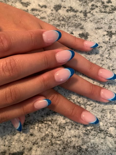 French Tip 2 Colors, Blue Gel French Tip Nails, Light Blue And Dark Blue French Tip Nails, French Tip With 2 Colors, French Tips Acrylic Colorful, Blue French Tip Almond Acrylic Nails, French Tip Nails With Color Line, Preppy Nail Ideas French Tip, Gel Nails Ideas Short Preppy