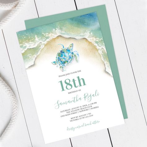 Tropical Sea Turtle Ocean Waves Birthday Invite - sea turtle party gifts Sea Turtle Party, Beach Birthday Invitations, Tropical Birthday Invitations, 18th Birthday Invitation, Online Birthday Invitations, Turquoise Green Color, Watercolor Sea Turtle, Summer Birthday Invitations, Bday Party Invitations