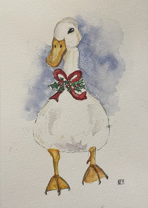 Christmas Goose Drawing, Christmas Duck Drawing, Christmas Cards Aquarel, Dove Christmas Card, Countdown Till Christmas, Watercolour Drawings, Loose Watercolor Flowers, Painted Christmas Cards, Watercolour Christmas