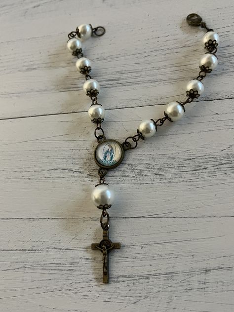 Gift For Car Lover, Car Rosary, Our Lady Of Grace, Pocket Rosary, Rosary Gift, Pearl Rosary, Mirror Hanging, White Portrait, Rosary Catholic