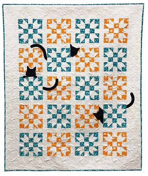 Playful appliqued cats cavort on a traditionally pieced background in this pattern by Deb Luttrell, created to go along with the book Sisters By Choice by Susan Mallery. The following fabric quantities are required: 1 1/4 yards teal 3 1/4 yards marble swirl-cream 7/8 yard orange Fat 1/4 black for cat applique 3 3/4 yards backing Finished quilt size is 58" x 70". Sisters By Choice, Phone Symbol, Patchwork Quilts For Beginners, Cat Quilt Block, Cat Quilts, Rail Fence Quilt, Cat Quilt Patterns, Halloween Quilt, Cat Applique