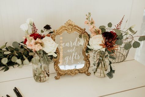 Cards And Gifts Mirror Sign, Small Mirror Wedding Signs, Wedding Guest Book Table Decorations, Oak Tree Wedding Ceremony, Mirror Wedding Sign, Tree Wedding Ceremony, Mirror Wedding Signs, Rustic Front Porch, Cards Sign Wedding