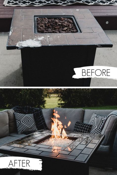 A stunning DIY Fire Pit! Love the modern design of this portable, propane firepit. Perfect for any outdoor space or backyard oasis. These guys revamped an old fire table by adding black tile and white rocks. The results are stunning. The large grey sectional completes the outdoor space perfectly. Love this easy summer DIY project. #outdoor #backyard #firepit #firetable #tile #leftovertile #furnitureflip #summer Fire Pit Decorating Ideas, Diy Propane Fire Pit, Diy Gas Fire Pit, Fire Pit Top, Fire Pit Table Top, Outdoor Propane Fire Pit, Fire Pit Seating Area, White Rocks, Outdoor Fire Table