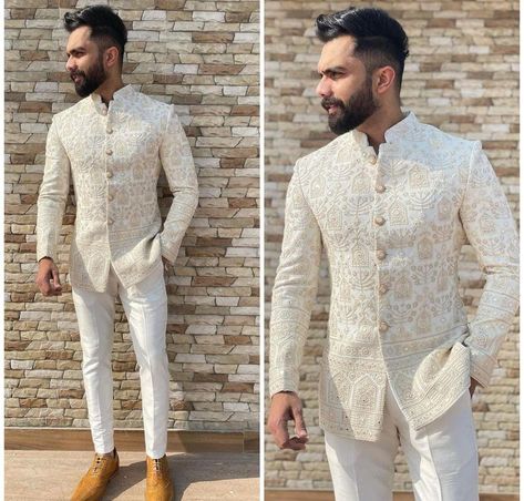 Indowestern Groom Outfit, Roka Ceremony Outfits Men, Engagement Dress For Men Classy, Groom Engagement Outfit, Indo Western Menswear, White Wedding Suits For Men, Indian Engagement Outfit, Indo Western Outfits For Men, Traditional Indian Mens Clothing