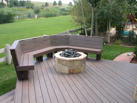 Trex deck with benches & fire pit Backyard Garden Area, Hosta Garden Ideas, Composite Deck Ideas, Deck Fire Pit, Fire Pit Furniture, Composite Deck, Pergola Lighting, Pergola Design, Trex Deck