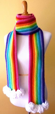 Rainbow Scarf, Fluffy Clouds, Fun Crochet Projects, 웃긴 사진, Diy Crochet Projects, Crochet Inspo, Colorful Rainbow, Crochet Stuff, Saturated Color