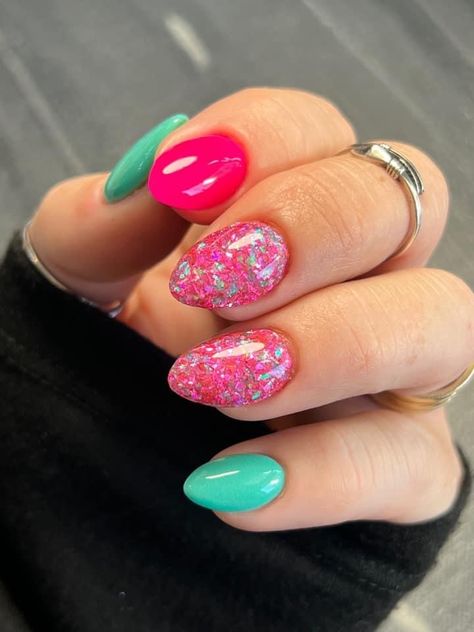 Teal And Pink Nails Ideas, Teal And Pink Nail Designs, Peacock Pink Nails, Pink And Turquoise Nails, Hot Pink And Turquoise Nails, Magenta And Teal Nails, Dipped Powder Nails Ideas, Bright Pink And Teal Nails, Pink Gel Nails