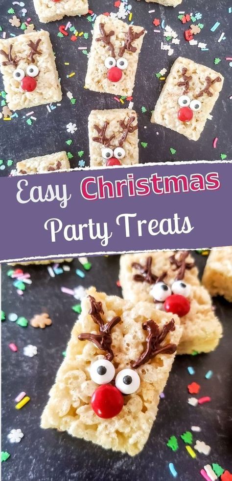 Reindeer Rice Crispy Treats, Bars For Christmas, Christmas Rice Krispies, Rice Krispie Treats Christmas, Christmas Rice, Easy Christmas Party, Christmas Party Treats, Rice Krispie Squares, Chocolate Rice Krispie Treats