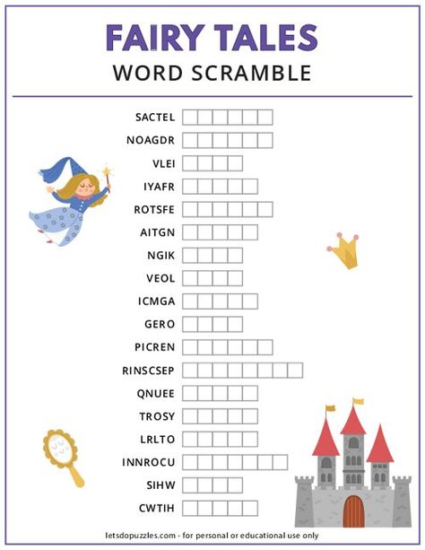 Fairy Tale Word Scramble Fairy Tale Games, Friendship Words, Character Activities, Printable Puzzles For Kids, Kids Word Search, Fairy Tale Activities, Scramble Words, Summer Words, Printable Games For Kids