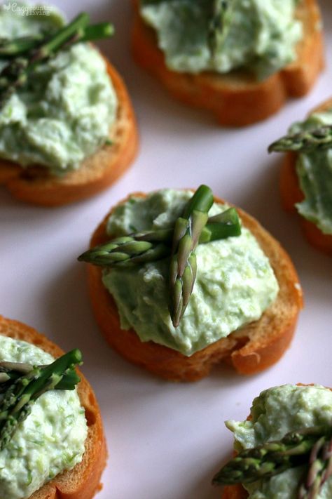 Simple Ricotta, Parmesan & Asparagus Topped Crostini Snack Parmesan Asparagus, Toast In The Oven, Sliced Baguette, Party Finger Foods, White Bread, Parmesan, Ricotta, Avocado Toast, Finger Foods