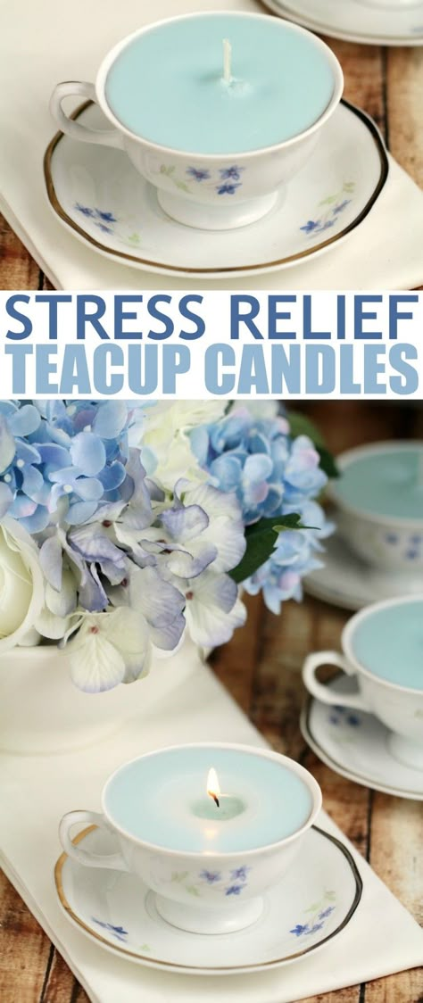 These stress relief teacup candles are made with a blend of essential oils meant to aid with stress relief. Not only are they great for bathtime, but they are a cute addition to any afternoon tea table. Diy Teacup Candles, Teacup Candles Diy, Handmade Gifts For Mom, Birthday Candles Diy, Tea Cup Candles, Homemade Candle Recipes, Candle Recipes, Cup Candles, Afternoon Tea Tables