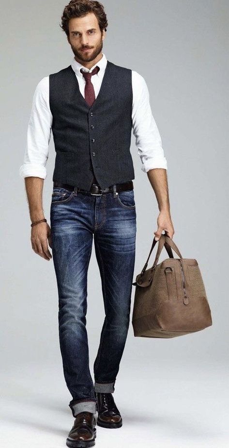 Vest Outfits Men, Maroon Tie, Mens Vest Fashion, Fall Business, Business Casual Fall, Navy Vest, Mac Jeans, Fall Jeans, Belt Brown