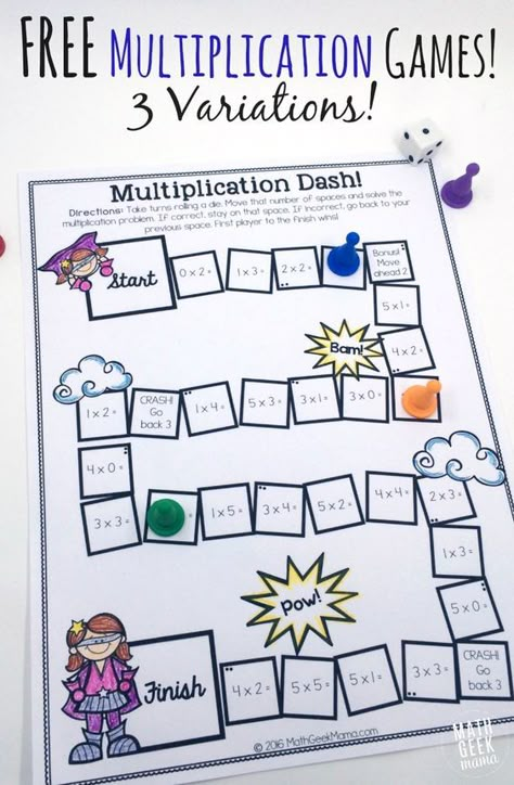 This adorable set of printable multiplication games is so easy to use-just print and play! And I love that there are different versions to help kids focus on specific multiplication skills! Multiplication Games Free, Easy Math Games, Printable Math Games, Free Math Games, Kindergarten Math Games, Multiplication Games, Math Geek, Kindergarten Games, Math Game