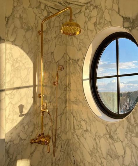 S T U D I O S Q U I R E L T D . on Instagram: "Pretty fabulous. Via @allisonwillson" Round Window Bathroom, Oval Windows, Window In Shower, Oval Window, Round Window, Master Bath Ideas, Toilet Room, Bathroom Windows, Unlacquered Brass