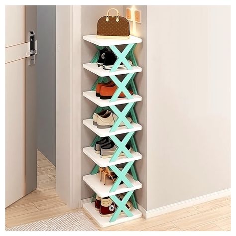 PRICES MAY VARY. 【Space-saving shoe rack】 Stackable shoe rack can provide more storage space in the same space. It covers a small area and is very space-saving. Narrow shoe rack has 7 layers, with the total size of 10.2”*9.5”*37.9”. The compact design can effectively use this space to store more shoes. Keep shoes and boots away from the floor and organize them neatly. 【Durable structure】 Small shoe shelf is made of green non-toxic polypropylene material, which has a longer service life and is mo Shoes Racks, Shoes Shelf, Color Cabinet, Folding Shoe Rack, Vertical Shoe Rack, Rak Kasut, Space Saving Shoe Rack, Plastic Shoe Rack, Shoe Hanger